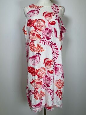 Tommy Bahama Sleeveless Linen Dress Pink Red Floral Print Frayed Hem Size Large
